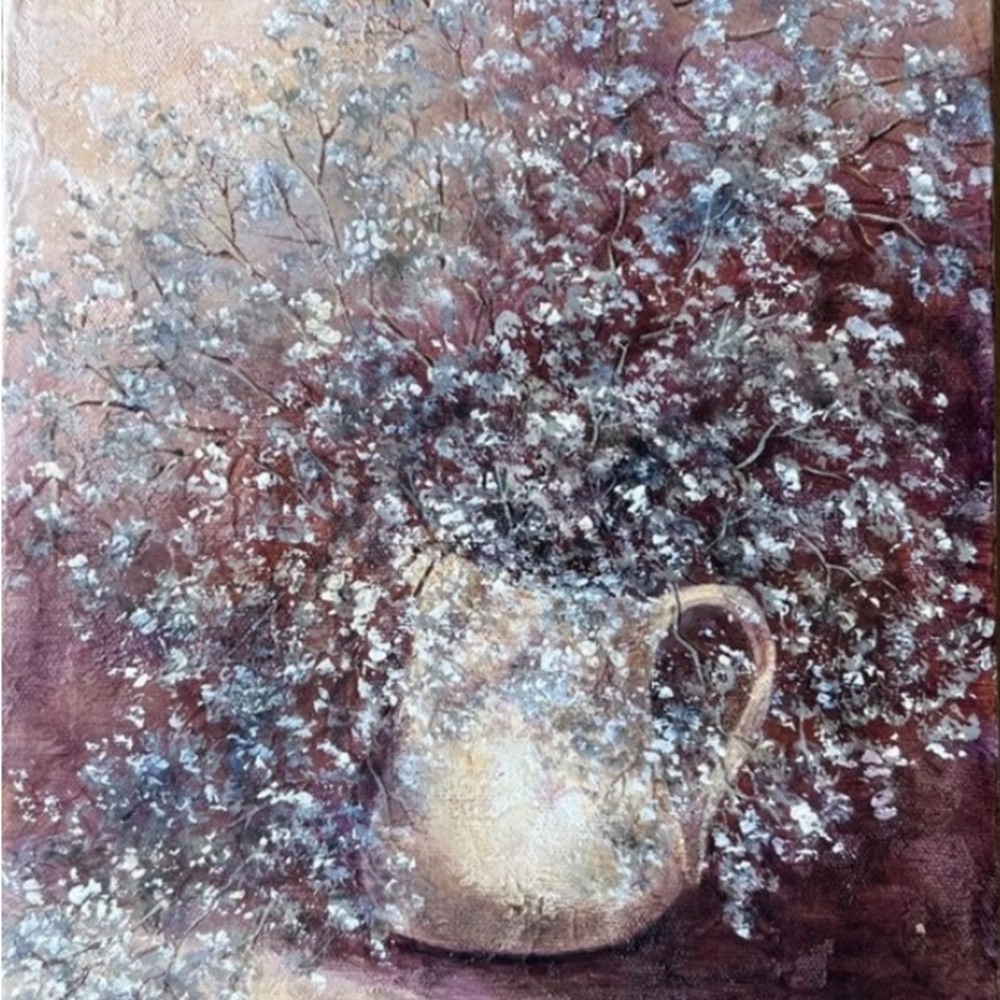 Hand painted Watercolor & Acrylic On Canvas Vintage Wall Art Babysbreath Brown